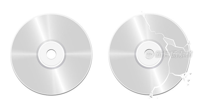 Intact CD and broken, damaged, corrupted, ruined, destroyed, bursted, wrecked, smashed, demolished, vandalized compact disc - realistic isolated vector illustration on white background.